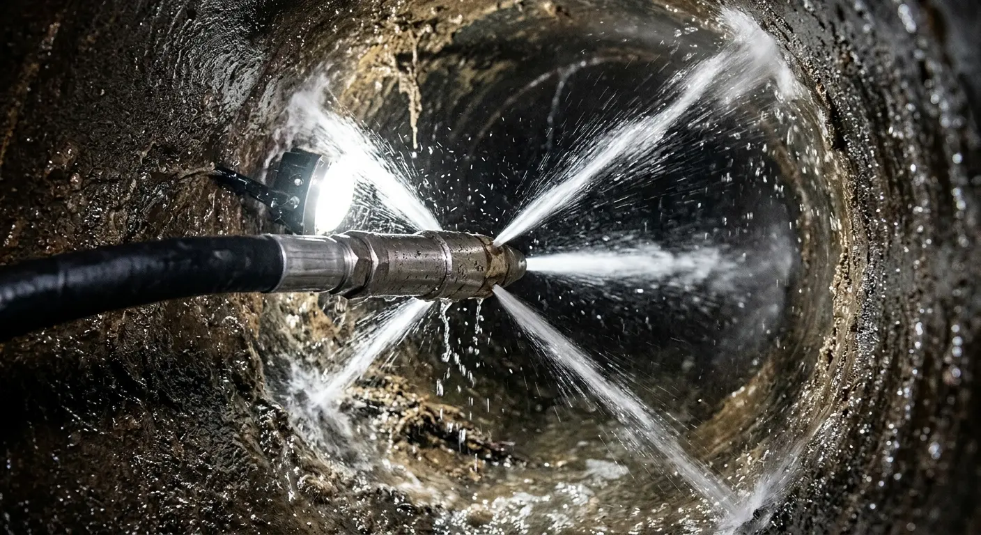 High-pressure hydro jetting nozzle cleaning sewer pipe for Emergency Drain Service in Asbury