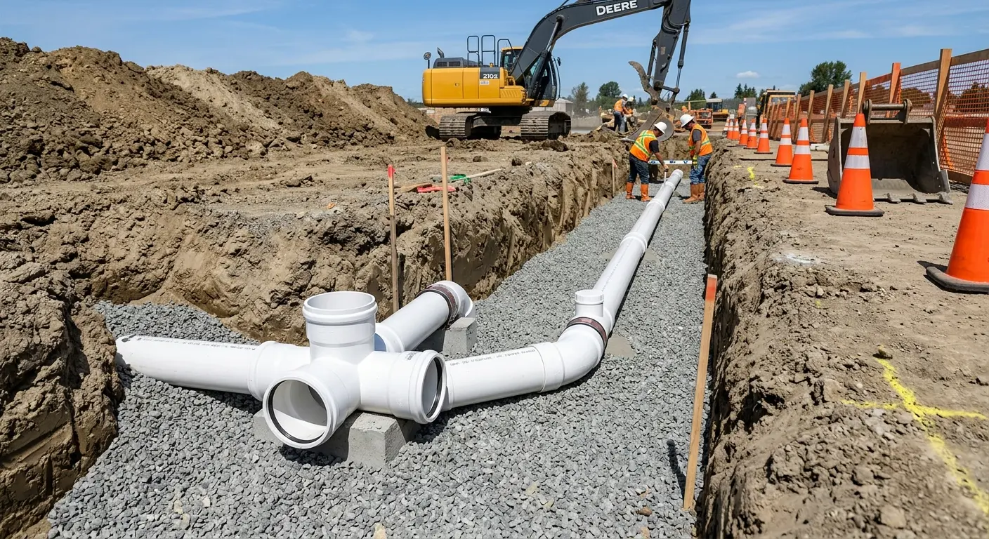 New PVC sewer pipe installation in open trench for Sewer Camera Inspection in Asbury