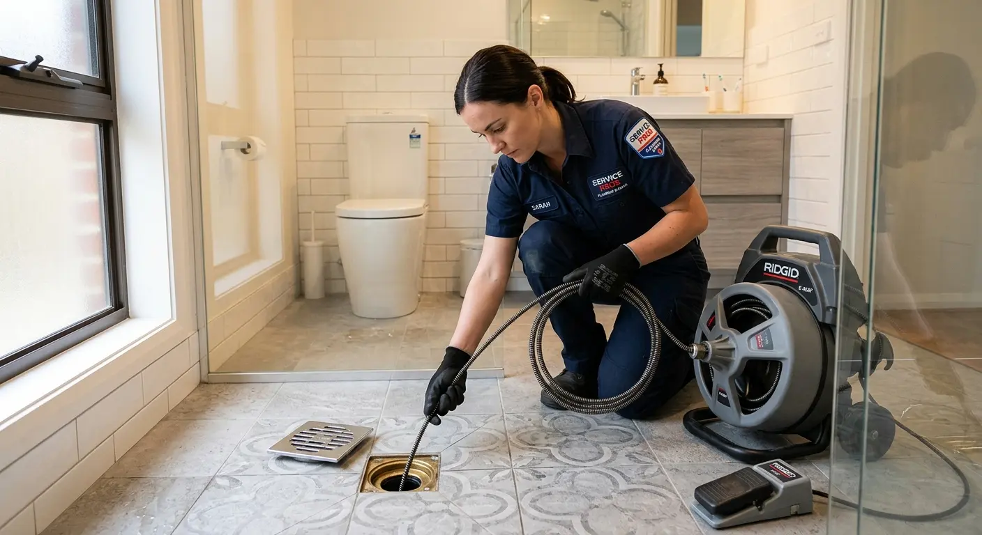 Technician clearing a bathroom floor drain for Drain Repair in Asbury